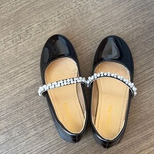 Black Patent Leather Flats with Rhinestone Strap